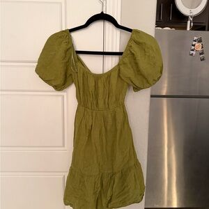 Pull and bear Olive Green Mini Dress with Puff Sleeves